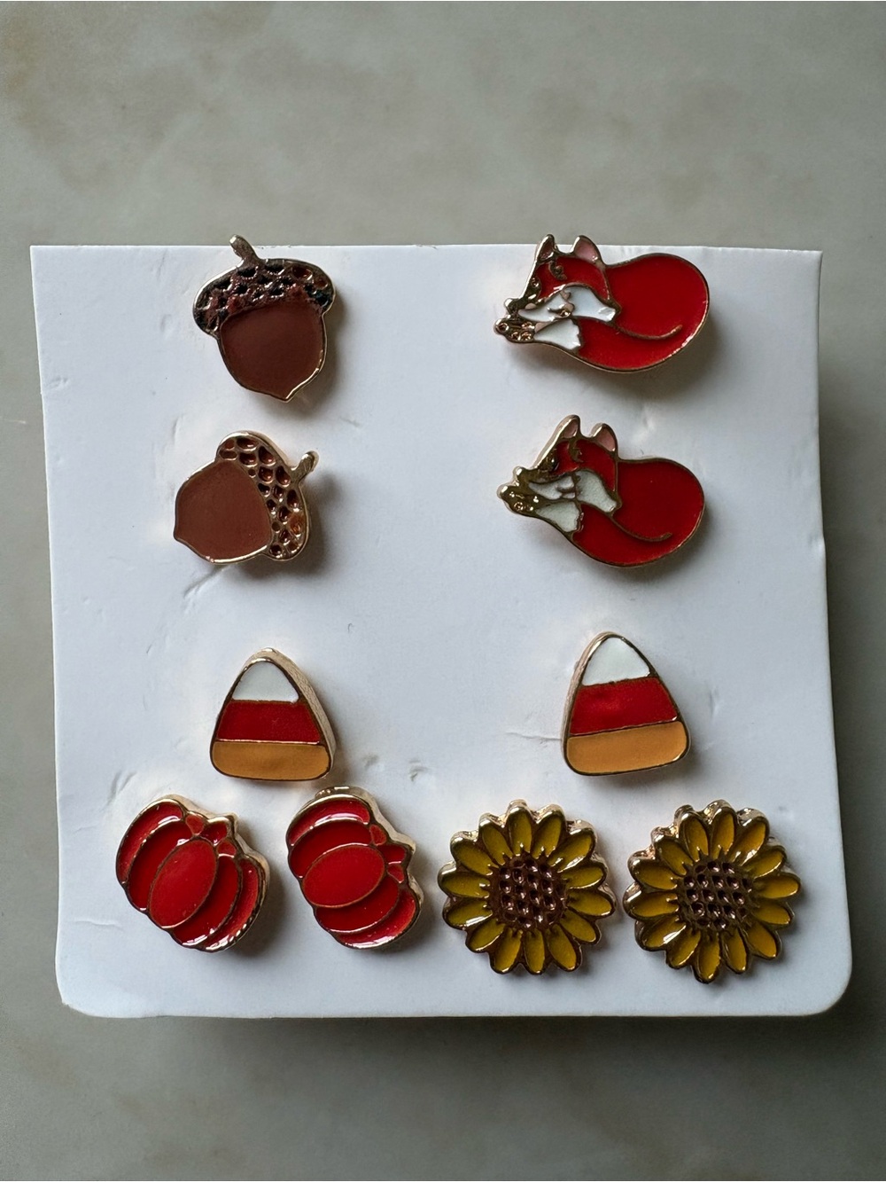 Fall Autumn Enamel Stud Earring set acorn fox candy corn pumpkin sunflower